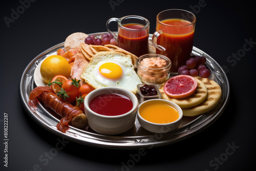 generated illustration of  breakfast with sausage, egg, salad and tomato sauce with a cup of juice