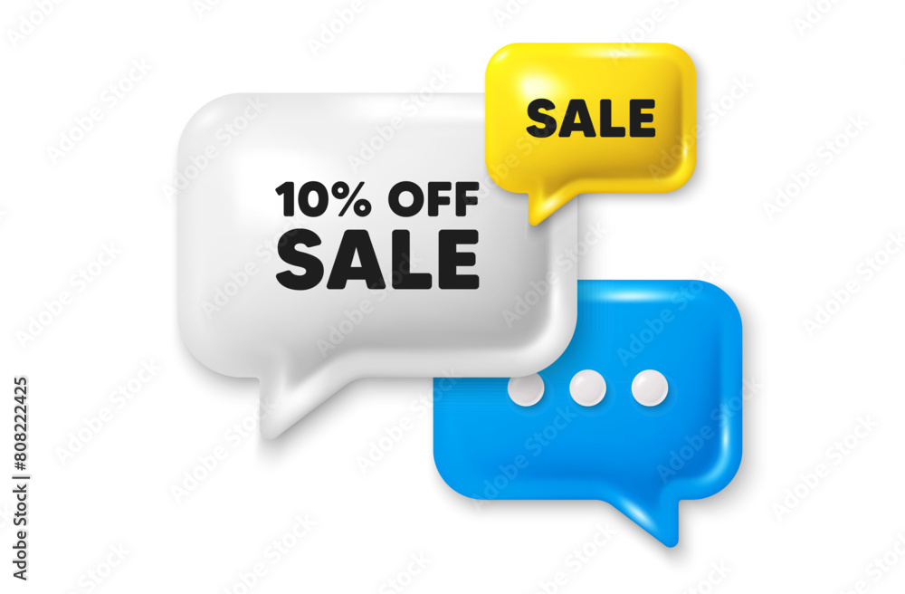 Sale 10 percent off discount. Offer speech bubble 3d icon. Promotion price offer sign. Retail badge symbol. Sale chat offer. Speech bubble sale banner. Discount balloon. Vector Sale 10 percent off discount. Offer speech bubble 3d icon. Promotion price offer sign. Retail badge symbol. Sale chat offer. Speech bubble sale banner. Discount balloon. Vector