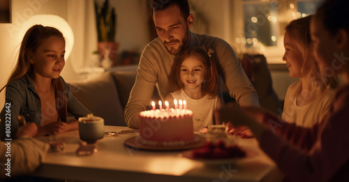 A multigenerational family joyfully celebrates a birthday  gathered around a cake with lit candles.