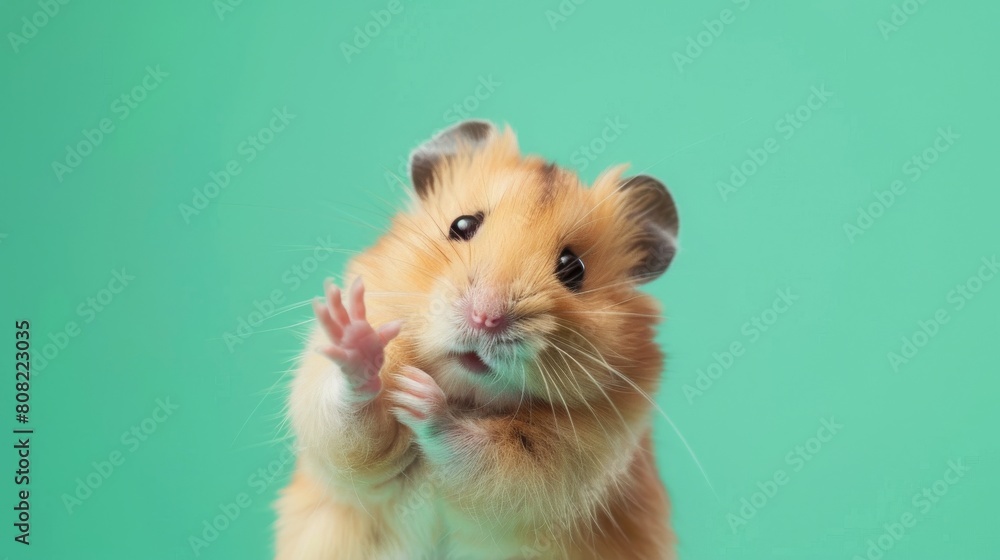 An Energetic Golden Hamster Stands Upright, Gesturing a Greeting with Its Paws, Against a Vibrant Green Background An Energetic Golden Hamster Stands Upright, Gesturing a Greeting with Its Paws, Against a Vibrant Green Background