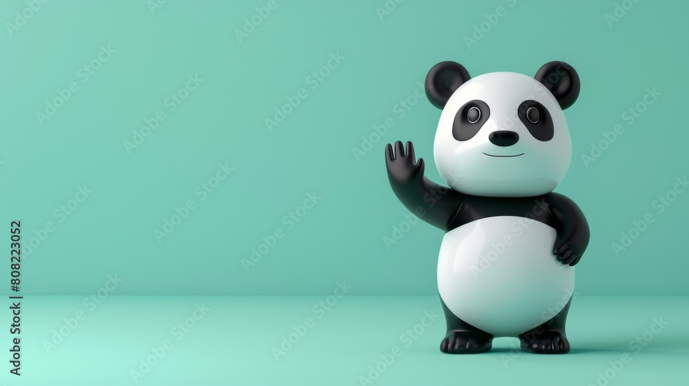 Fototapeta premium 3D Render of a Friendly Panda Character Waving, Set Against a Solid Light Green Background