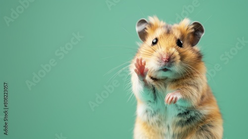 Close-up Portrait of a Delightful Golden Hamster Waving with a Tiny Paw, Set Against a Soft Green Background © Damian