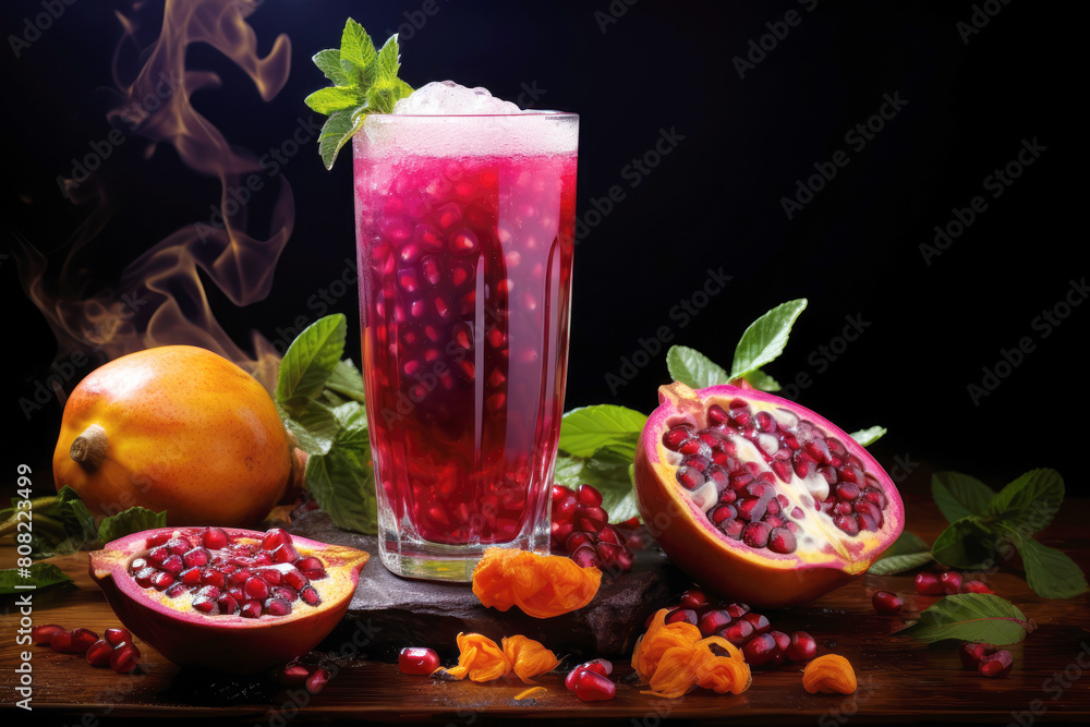 generated illustration of vibrant pomegranate juice cocktail with exotic fruits and spices generated illustration of vibrant pomegranate juice cocktail with exotic fruits and spices