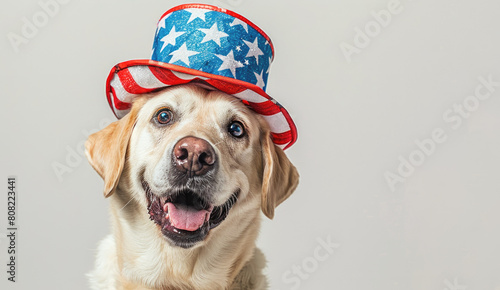 A Labrador retriever in a patriotic hat with the colors of the American flag against a white background. The animal, pet celebrates Independence Day in the USA on July 4th