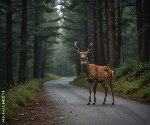 A Deer in the Dark Forest, deer walk in forest, deer in the forest road, deer, forest