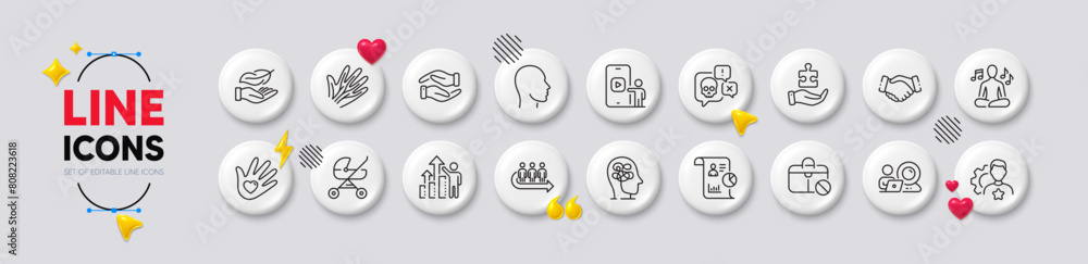 Report, Brand and Video conference line icons. White buttons 3d icons. Pack of Queue, Lightweight, Baby carriage icon. Social responsibility, Puzzle, Handshake pictogram. Vector Report, Brand and Video conference line icons. White buttons 3d icons. Pack of Queue, Lightweight, Baby carriage icon. Social responsibility, Puzzle, Handshake pictogram. Vector