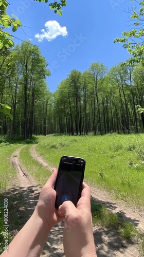 Sentiero nel bosco fotografato da un turista photo