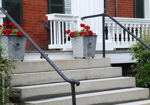 Potted Red Geraniums Atop Housefront Steps photo