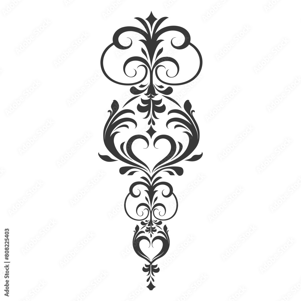 Silhouette vertical line divider with Hearth shape Baroque ornament black color only Silhouette vertical line divider with Hearth shape Baroque ornament black color only