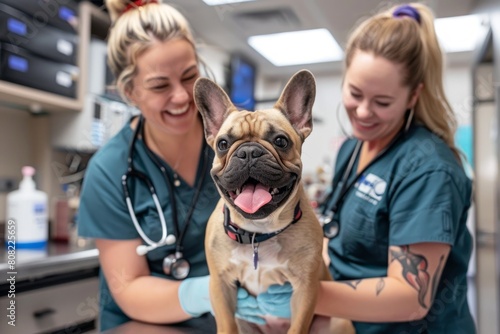 Veterinarians caring for a happy dog