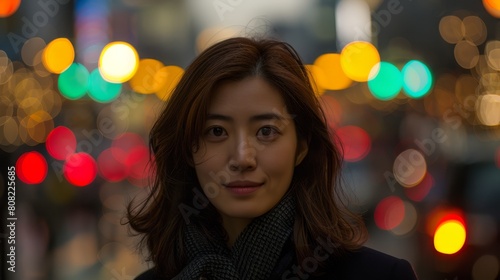   A woman in a scarf stands before a city street  traffic lights flickering behind