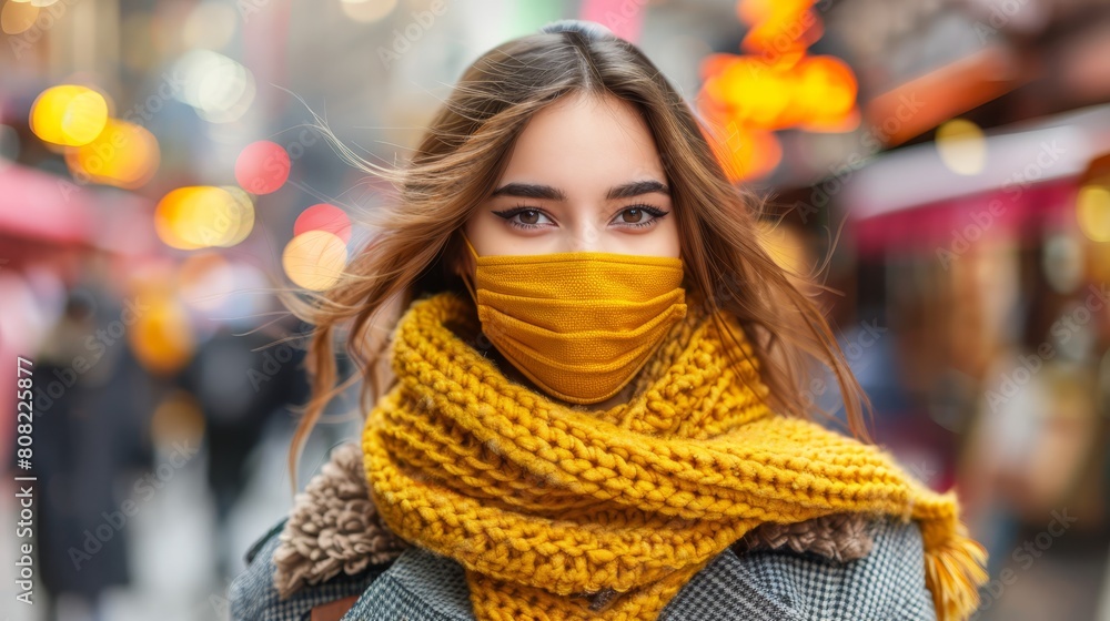 A woman dons a yellow scarf and a matching mask in city's dimly lit streets, surrounded by hazy light sources A woman dons a yellow scarf and a matching mask in city's dimly lit streets, surrounded by hazy light sources