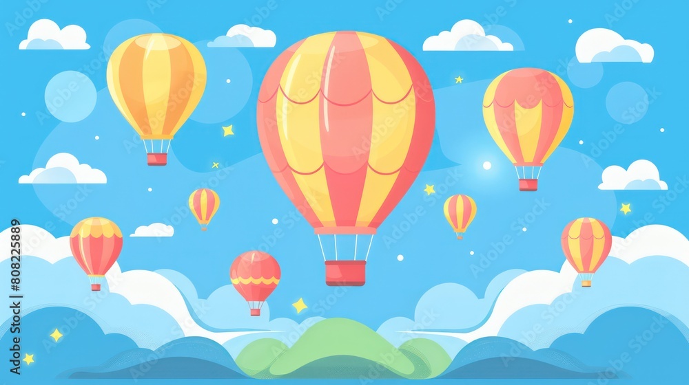 Hot air balloons over color sky background