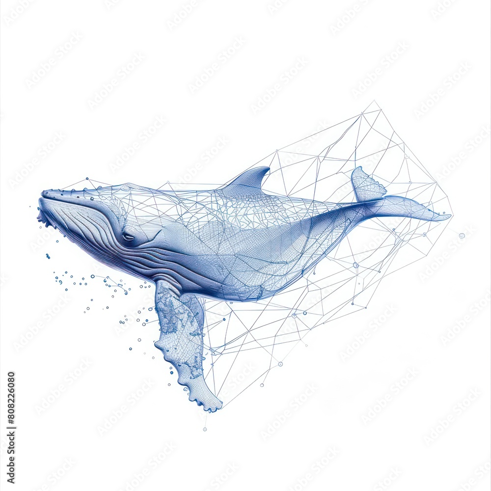 Fototapeta premium digital blue whale lines intertwined networks, data visualization, white background