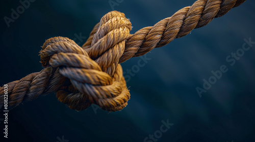  Intricate knot on a rope, focus sharp against a soft blue haze.