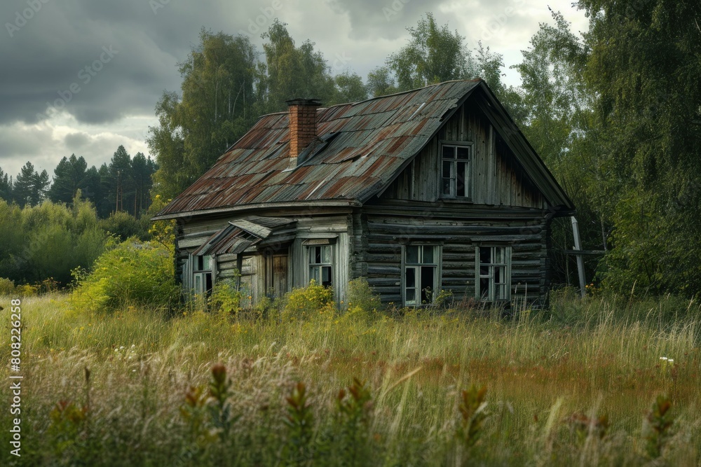 Neglected Abandoned wooden house. Intimidating and broken building with green plants. Generate AI