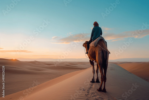 solo traveler riding camel in vast desert