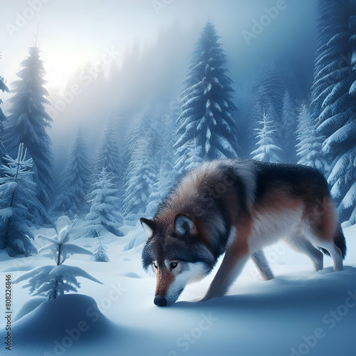 A wolf in snowy forest,Lone wolf in snow covered forest.