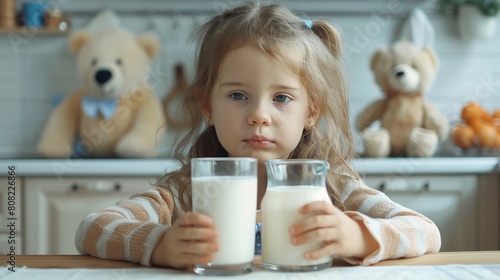 Bambina con due bicchieri di latte. Sullo sfondo i suoi orsacchiotti di peluches photo