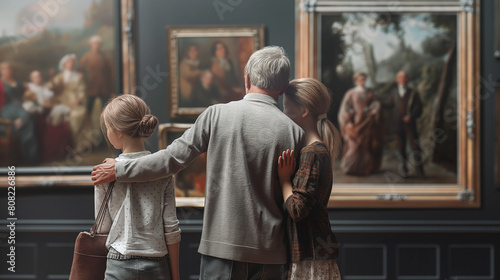 family at an art gallery discussing paintings