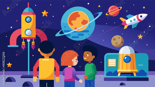 In the space exploration exhibit kids can learn about the technology that allows us to explore the universe from rockets to rovers.. Vector illustration