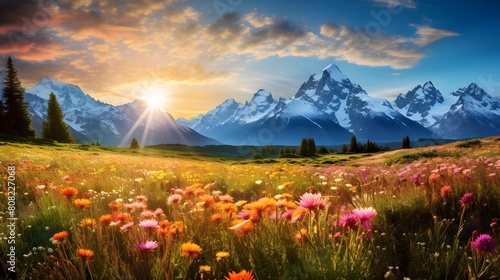 Panoramic view of alpine meadow at sunset. Beautiful summer landscape.