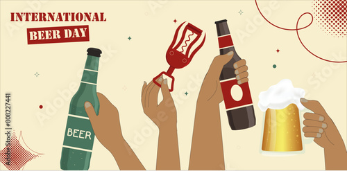 International beer day. Hands with beer bottle, mug and Bottle opener. Vector with hand design. Vintage illustration. Beverage theme. For celebrate party, event with alcohol. Stock vector