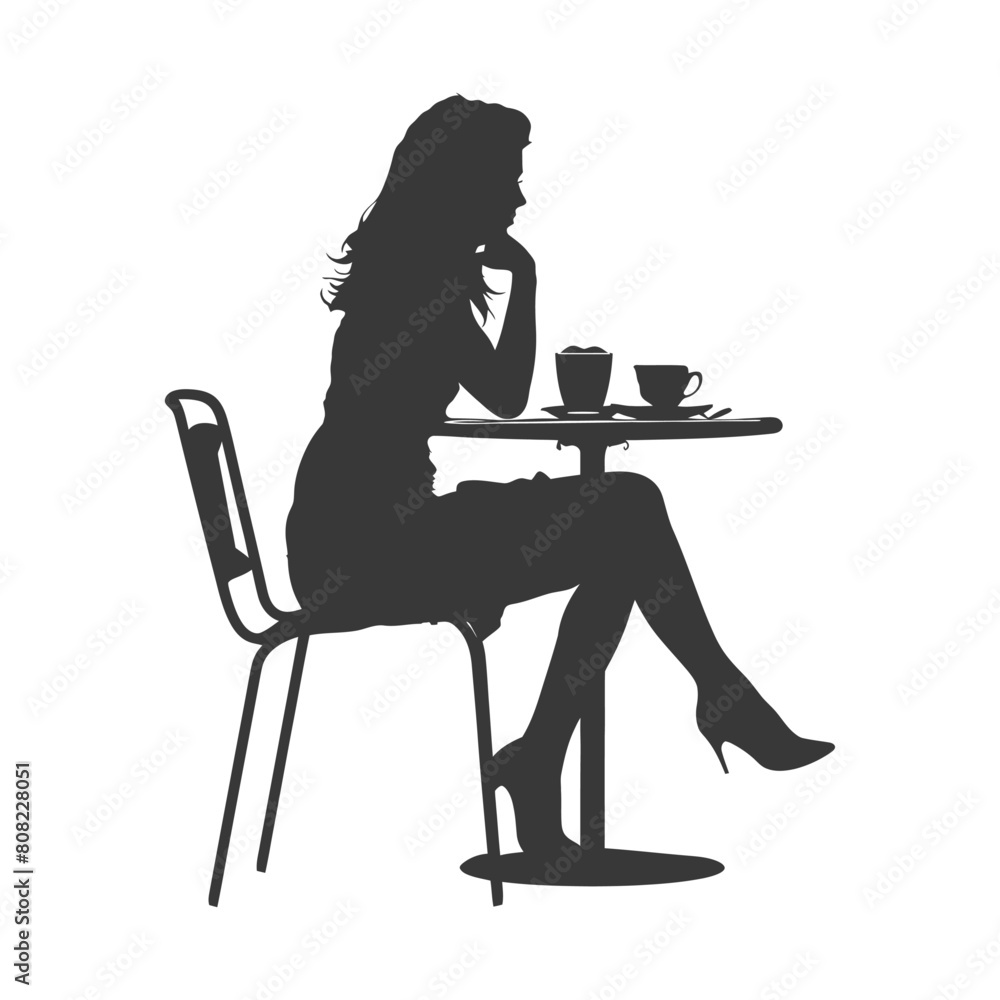 Silhouette woman sitting at a table in the cafe bar restaurant black color only Silhouette woman sitting at a table in the cafe bar restaurant black color only