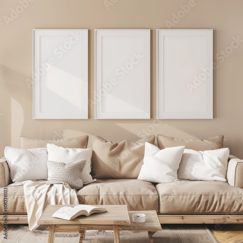 white picture frames mockup in a modern living room, contemporary © BALLERY ART