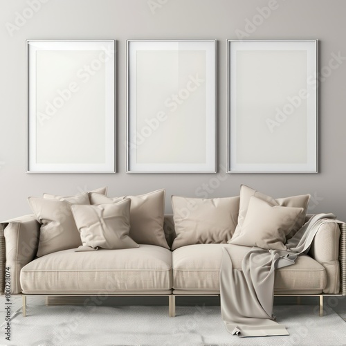 white picture frames mockup in a modern living room, contemporary © BALLERY ART