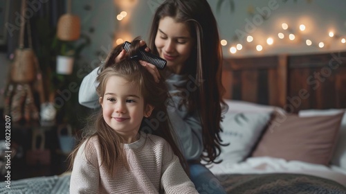Giovane madre amorevole che spazzola i capelli lunghi della graziosa figlia seduta sul letto in un'accogliente camera da letto photo