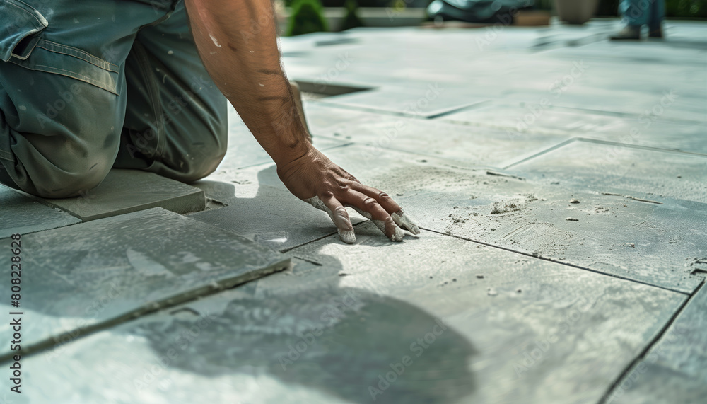Close up on the hands and tools of an expert workman laying patio slabs in garden makeover Close up on the hands and tools of an expert workman laying patio slabs in garden makeover