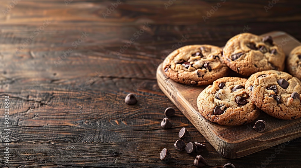 delicious chocolate chip cookies on a wooden cutting board delicious chocolate chip cookies on a wooden cutting board