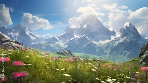 Beautiful panoramic view of the mountains with flowers in summer © A