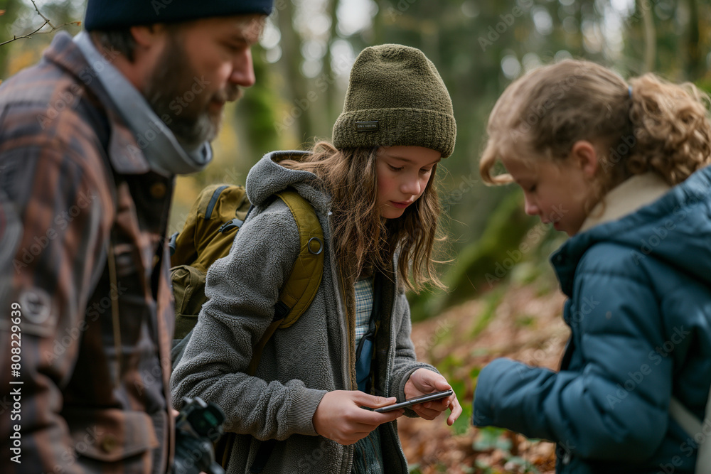 Young family enjoys an outdoor geocaching adventure