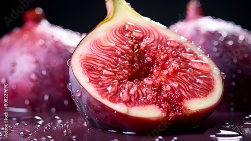 Fresh figs adorned with water droplets on a dark surface