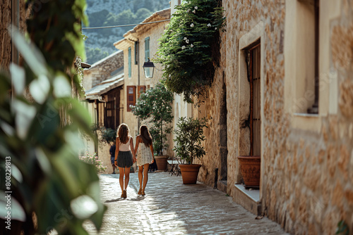 Friends navigate through quaint narrow streets of an ancient town © Damian