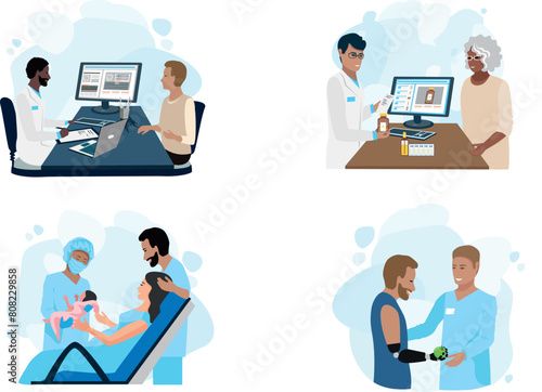 Set of vector illustrations of doctor and patient. Patient in the doctor's office, elderly customer in the pharmacy, Partner childbirth, rehabilitation and prosthetics. Thanks to the doctors and nurse
