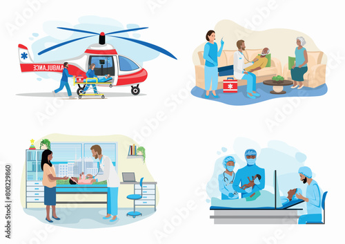 Set of vector illustrations of doctor and patient. Transporting a patient by helicopter, paramedics provide assistance to the patient, Partner childbirth, pediatrician examines the child.