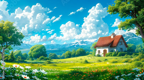 A peaceful countryside under a blue sky
