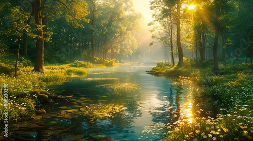 A serene riverside scene