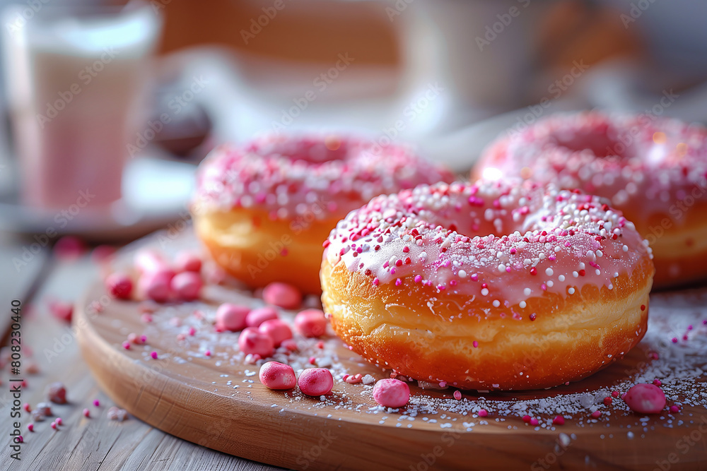 Stack of appetizing donuts with pink sugar icing.