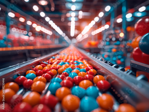 a lollipop factory with conveyor belts of colorful candies