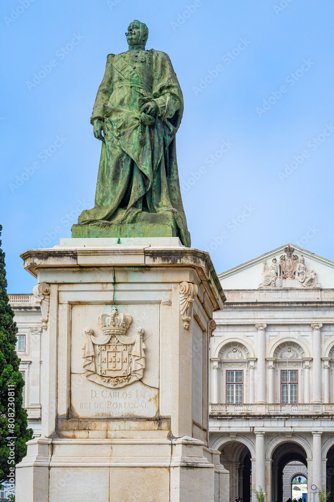 Statue in honor of the former king of Portugal D. Carlos I in front of the Ajuda Palace in Lisbon-Portugal.