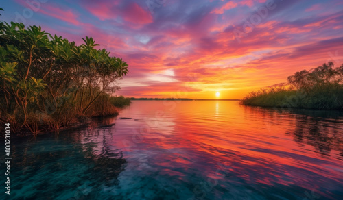sunset over the river with mangrove trees 