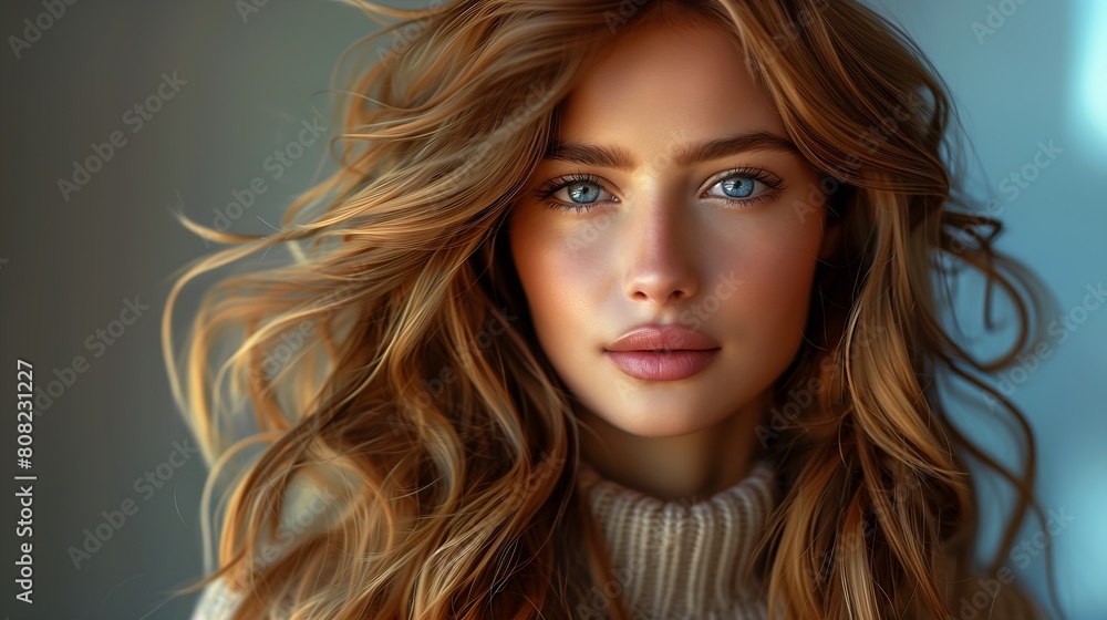 Fototapeta premium closeup woman long hair sweater skin color alluring girl blonde beauty princess ocean eyes female fan blown reddish aussie