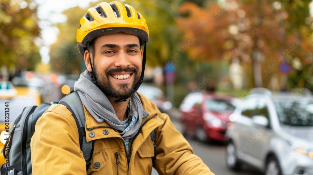 A man in a yellow jacket and helmet grins as he cycles down the street A man in a yellow jacket and helmet grins as he cycles down the street