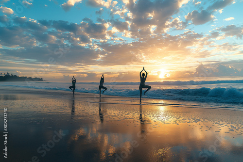 peaceful beach yoga class with diverse participants