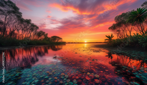 sunset over the river with mangrove trees 