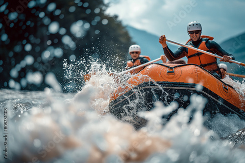 friends navigating rapids during white water rafting trip